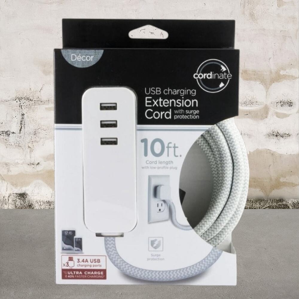 Cordinate Extension Cord 3-USB Charging Ports with Surge Protection 10ft NIB